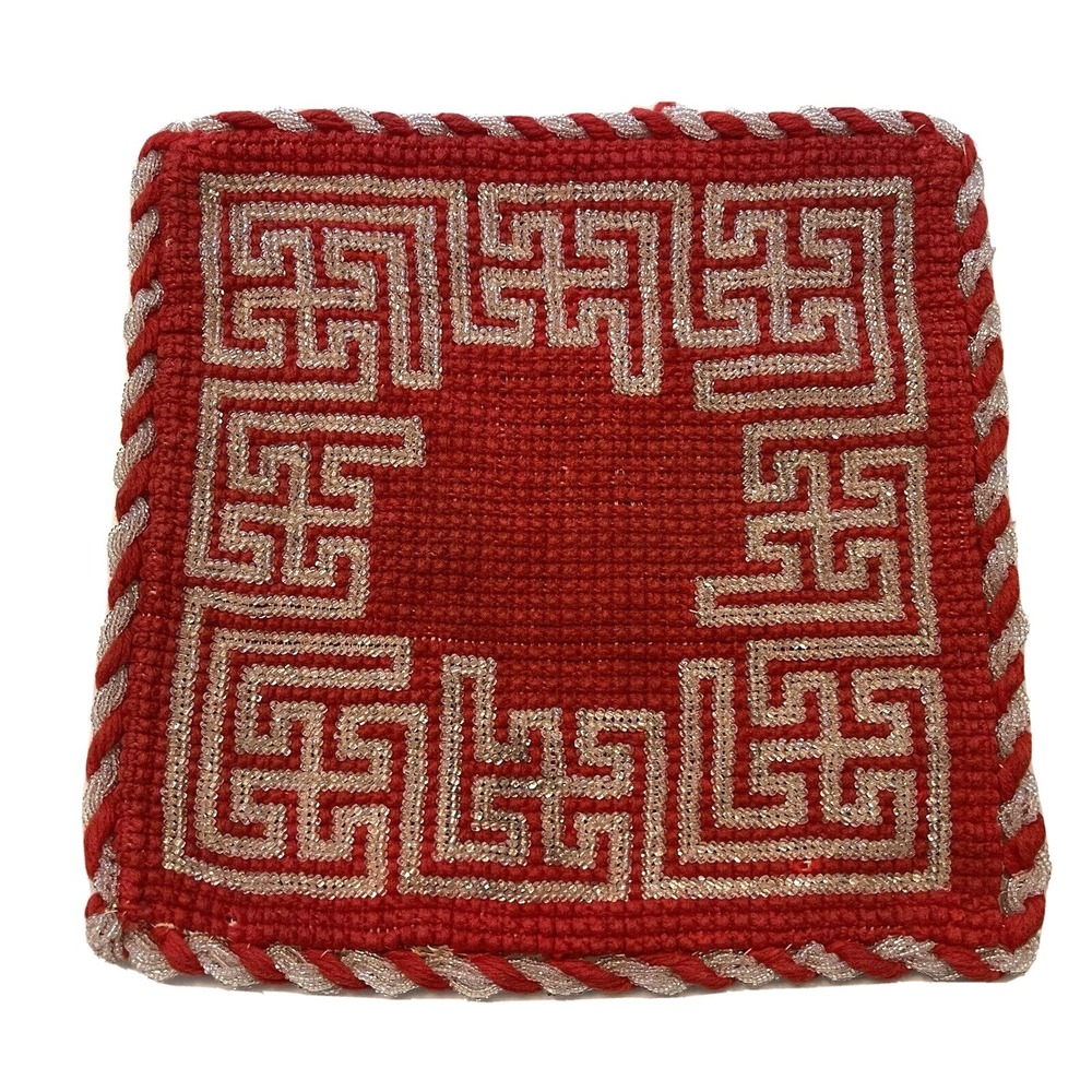 Table Mat Beaded Wool Good Luck Circa 1910 8.5" x 8.5" Square Red Vintage